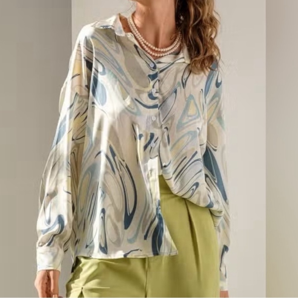 Josie Oversized Loose Fit Satin Button Down Shirt in cream & blue